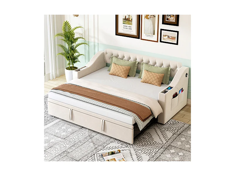 Canapé-lit 90/180x190cm - lit gigogne - avec USB/Type C + poches latérales + étagère intégrée - velours - Beige