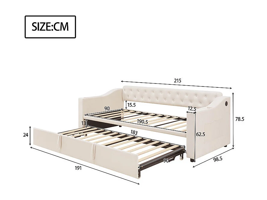 Canapé-lit 90/180x190cm - lit gigogne - avec USB/Type C + poches latérales + étagère intégrée - velours - Beige