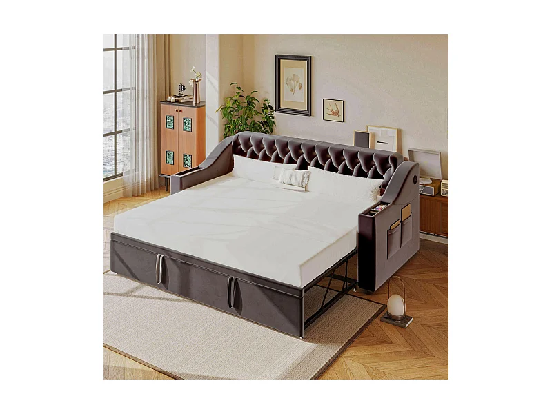 Canapé-lit 90/180x190cm - lit gigogne - avec USB/Type C + poches latérales + étagère intégrée - velours - Gris anthracite