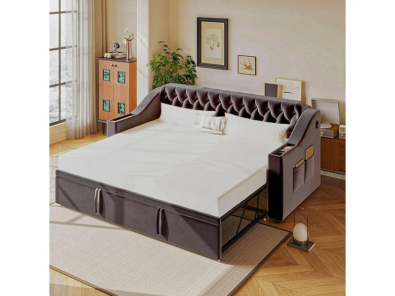 Canapé-lit 90/180x190cm - lit gigogne - avec USB/Type C + poches latérales + étagère intégrée - velours - Gris anthracite