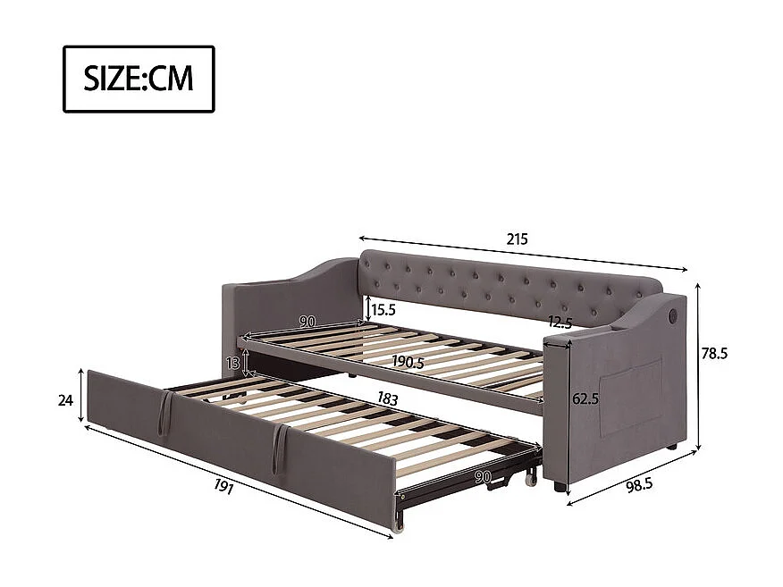Canapé-lit 90/180x190cm - lit gigogne - avec USB/Type C + poches latérales + étagère intégrée - velours - Gris anthracite
