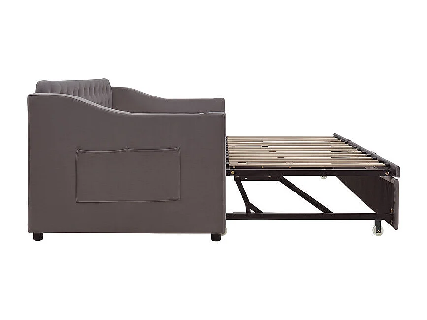 Canapé-lit 90/180x190cm - lit gigogne - avec USB/Type C + poches latérales + étagère intégrée - velours - Gris anthracite