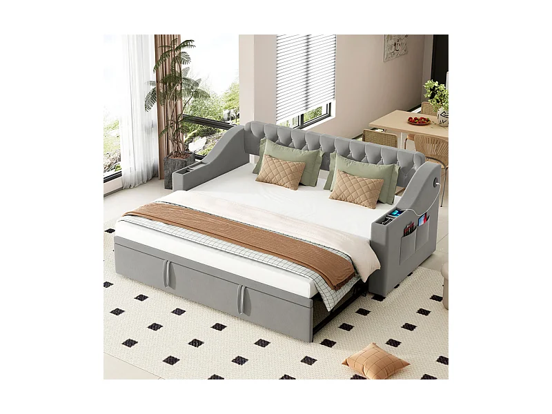 Canapé-lit 90/180x190cm - lit gigogne - avec USB/Type C + poches latérales + étagère intégrée - velours - Gris