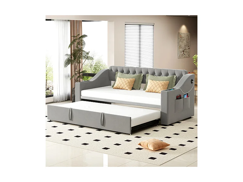 Canapé-lit 90/180x190cm - lit gigogne - avec USB/Type C + poches latérales + étagère intégrée - velours - Gris