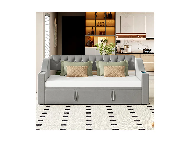 Canapé-lit 90/180x190cm - lit gigogne - avec USB/Type C + poches latérales + étagère intégrée - velours - Gris