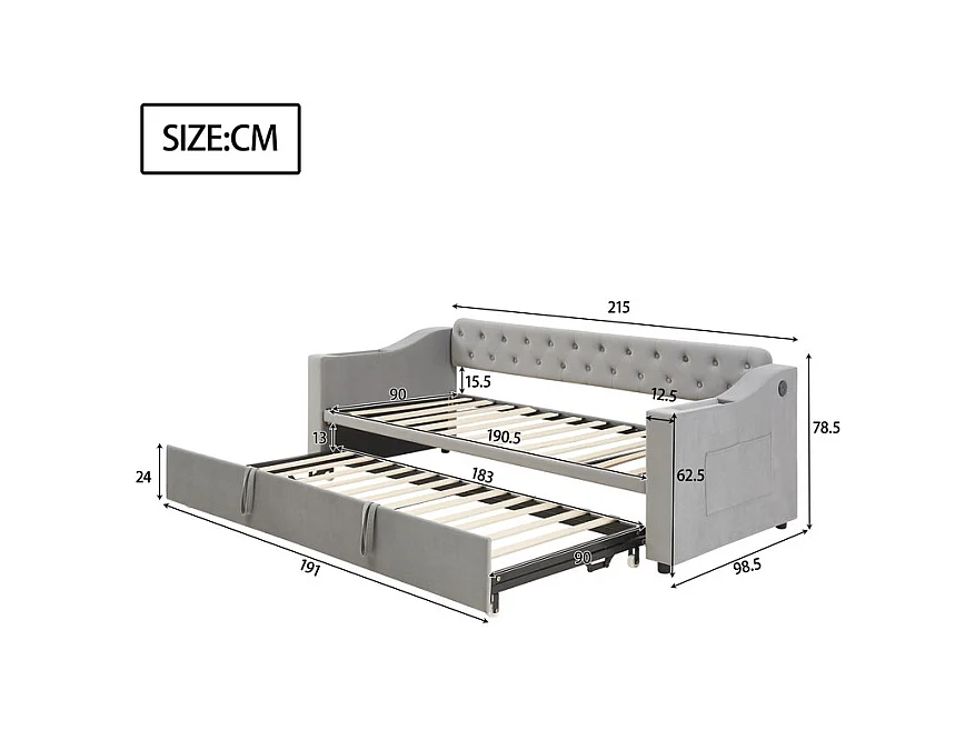 Canapé-lit 90/180x190cm - lit gigogne - avec USB/Type C + poches latérales + étagère intégrée - velours - Gris