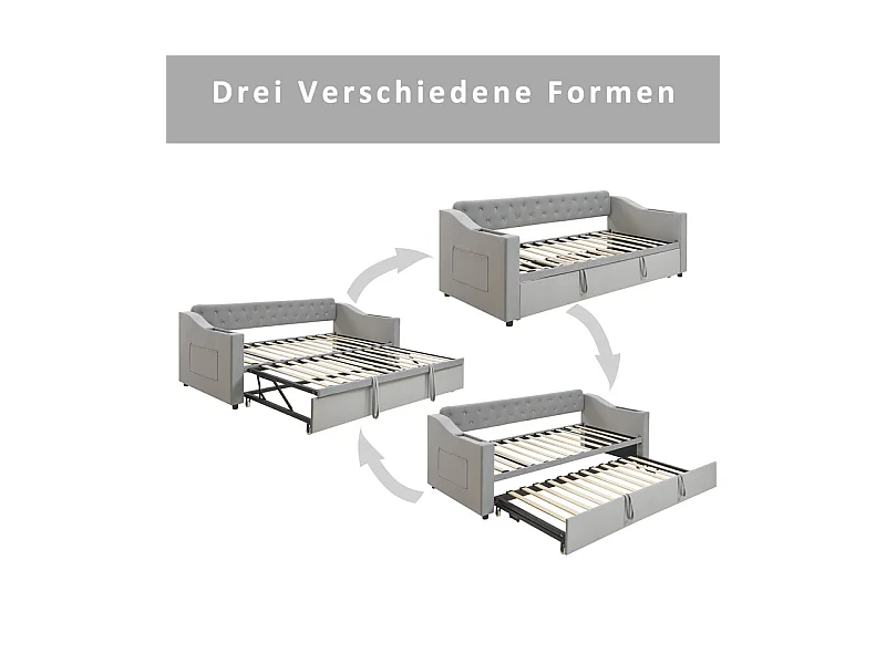 Canapé-lit 90/180x190cm - lit gigogne - avec USB/Type C + poches latérales + étagère intégrée - velours - Gris