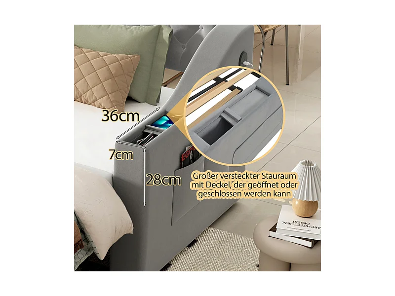 Canapé-lit 90/180x190cm - lit gigogne - avec USB/Type C + poches latérales + étagère intégrée - velours - Gris