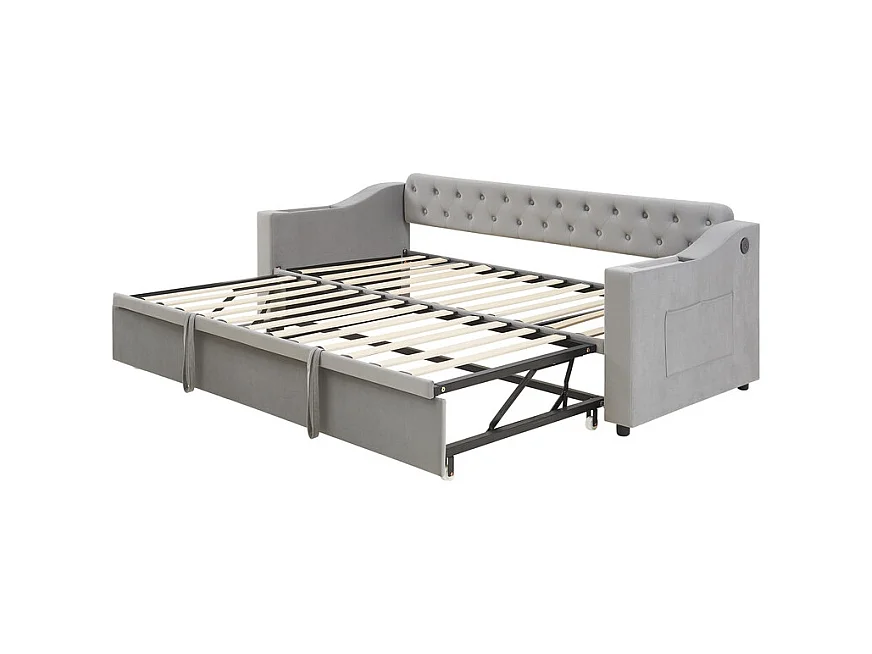 Canapé-lit 90/180x190cm - lit gigogne - avec USB/Type C + poches latérales + étagère intégrée - velours - Gris