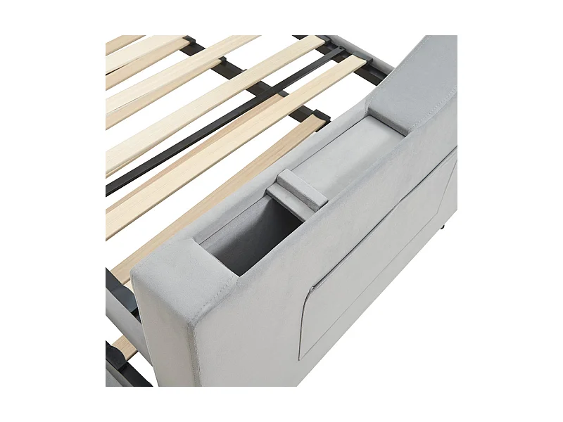 Canapé-lit 90/180x190cm - lit gigogne - avec USB/Type C + poches latérales + étagère intégrée - velours - Gris