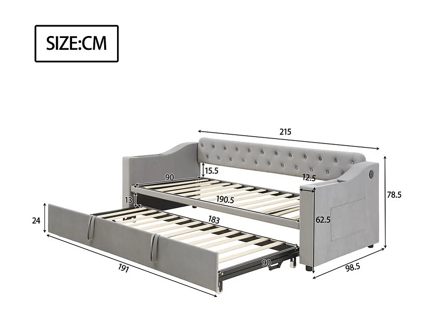 Canapé-lit 90/180x190cm - lit gigogne - avec USB/Type C + poches latérales + étagère intégrée - velours - Gris
