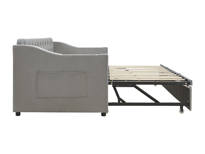 Canapé-lit 90/180x190cm - lit gigogne - avec USB/Type C + poches latérales + étagère intégrée - velours - Gris