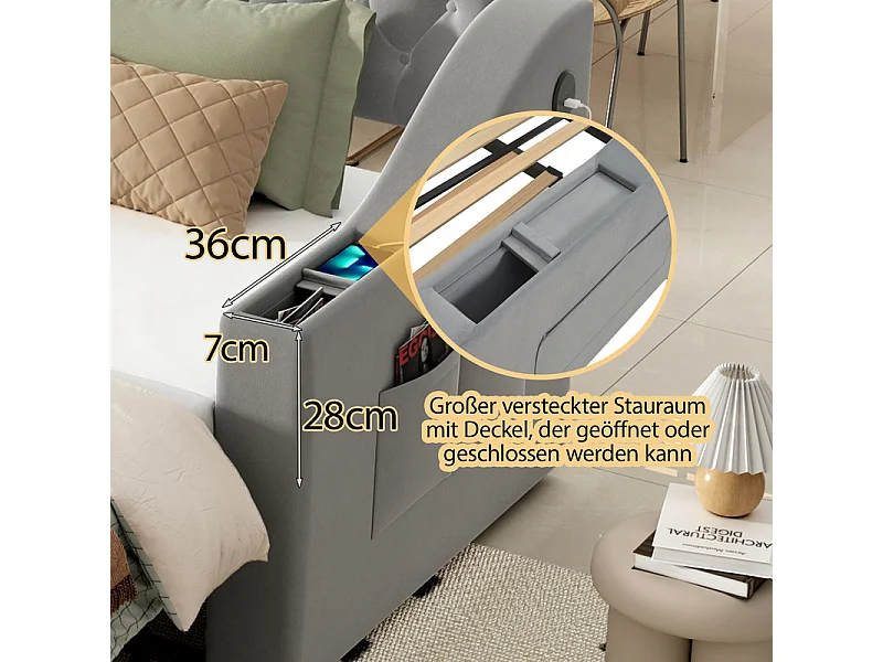 Canapé-lit 90/180x190cm - lit gigogne - avec USB/Type C + poches latérales + étagère intégrée - velours - Gris