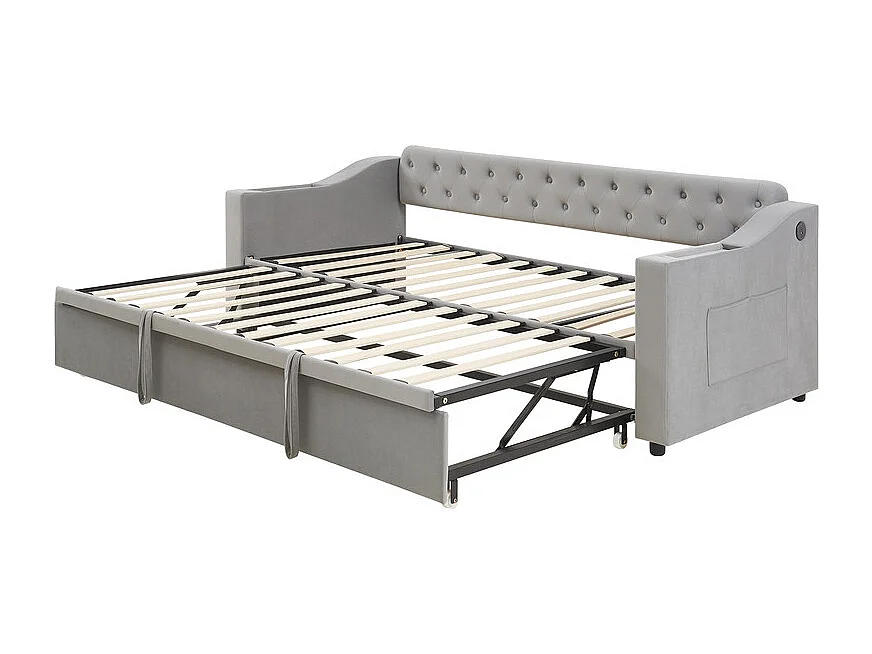 Canapé-lit 90/180x190cm - lit gigogne - avec USB/Type C + poches latérales + étagère intégrée - velours - Gris