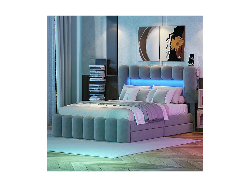 Lit rembourré en velours beige - 140x200cm - 4 tiroirs + LED + USB + Enceintes - tête de lit réglables