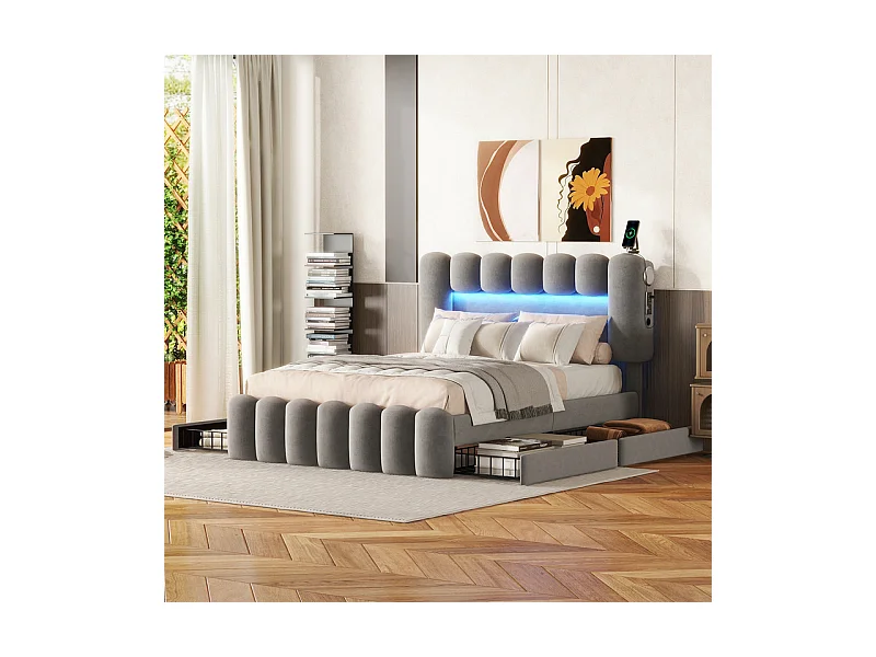 Lit rembourré en velours beige - 140x200cm - 4 tiroirs + LED + USB + Enceintes - tête de lit réglables