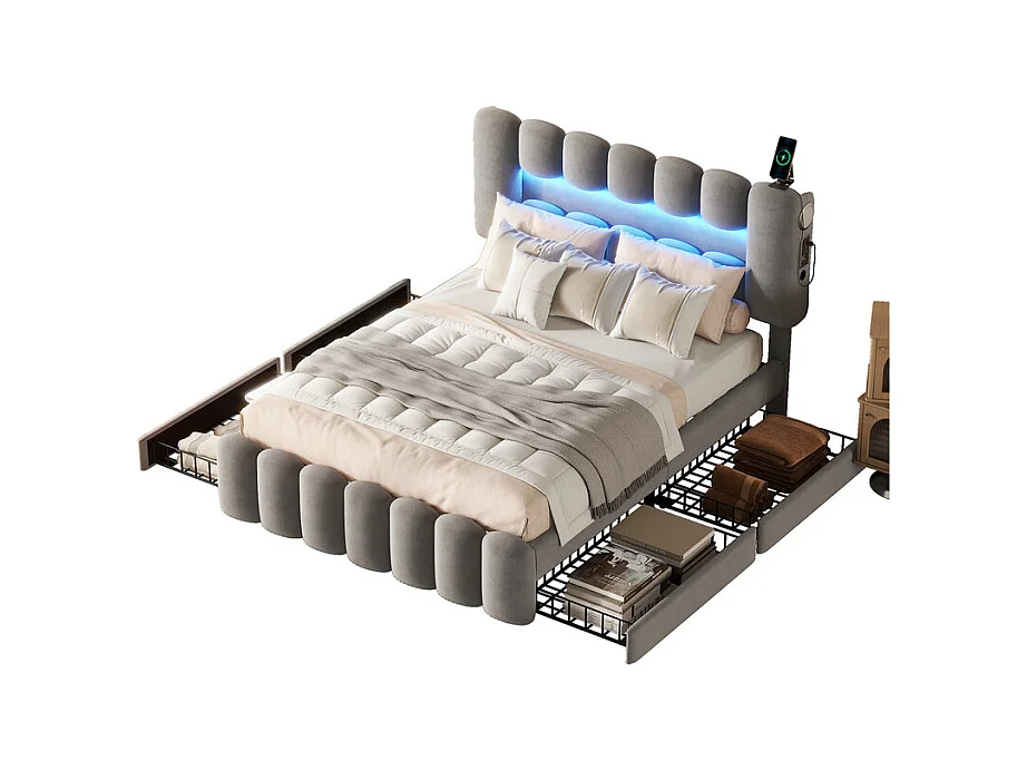 Lit rembourré en velours beige - 140x200cm - 4 tiroirs + LED + USB + Enceintes - tête de lit réglables