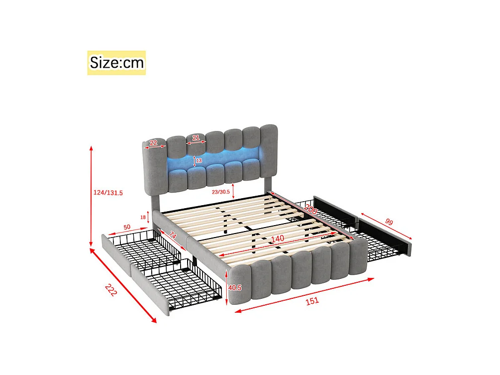 Lit rembourré en velours beige - 140x200cm - 4 tiroirs + LED + USB + Enceintes - tête de lit réglables