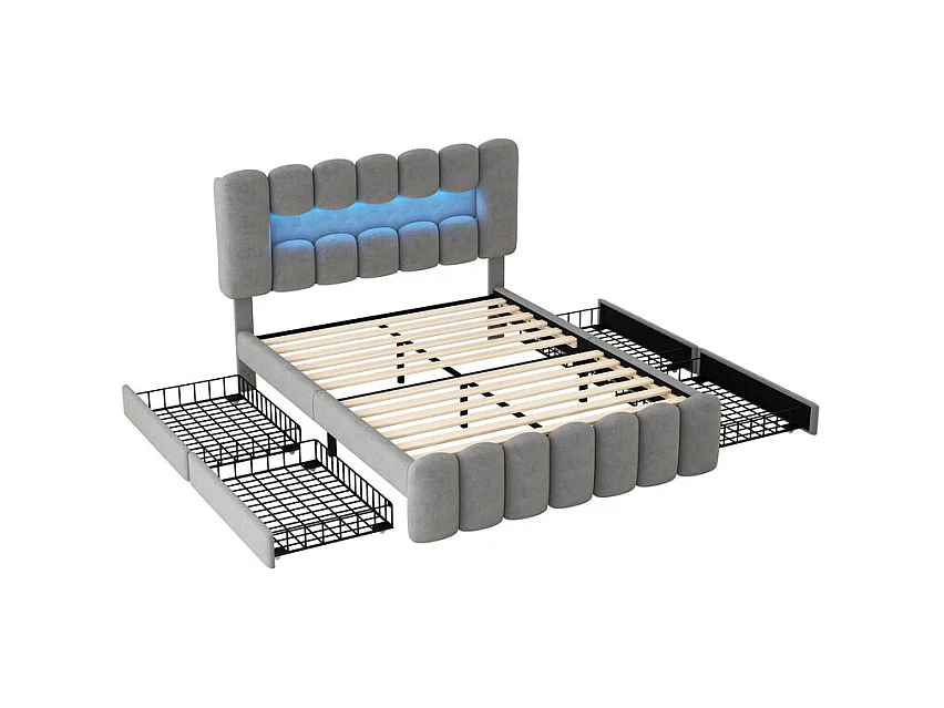 Lit rembourré en velours beige - 140x200cm - 4 tiroirs + LED + USB + Enceintes - tête de lit réglables