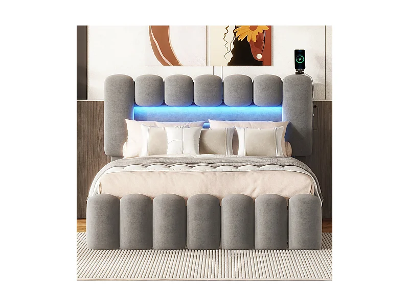 Lit rembourré en velours beige - 140x200cm - 4 tiroirs + LED + USB + Enceintes - tête de lit réglables
