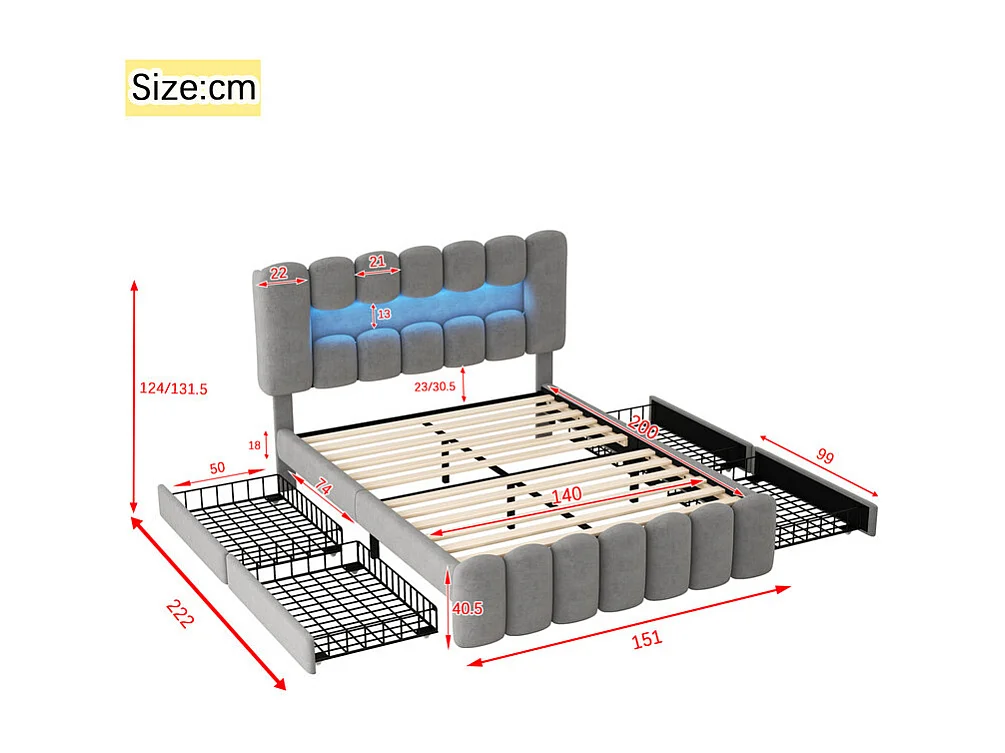 Letto imbottito in velluto beige - 140x200cm - 4 cassetti + LED + USB + Altoparlanti - testiera regolabile