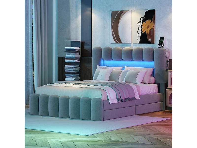 Letto imbottito in velluto beige - 140x200cm - 4 cassetti + LED + USB + Altoparlanti - testiera regolabile