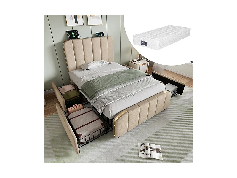 Lit double rembourré 90x200cm en lin beige, avec matelas, 4 tiroirs + USB et Type C, charge max 100 kg