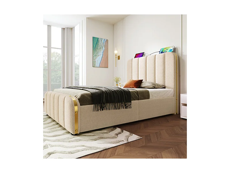 Lit double rembourré 90x200cm en lin beige, avec matelas, 4 tiroirs + USB et Type C, charge max 100 kg