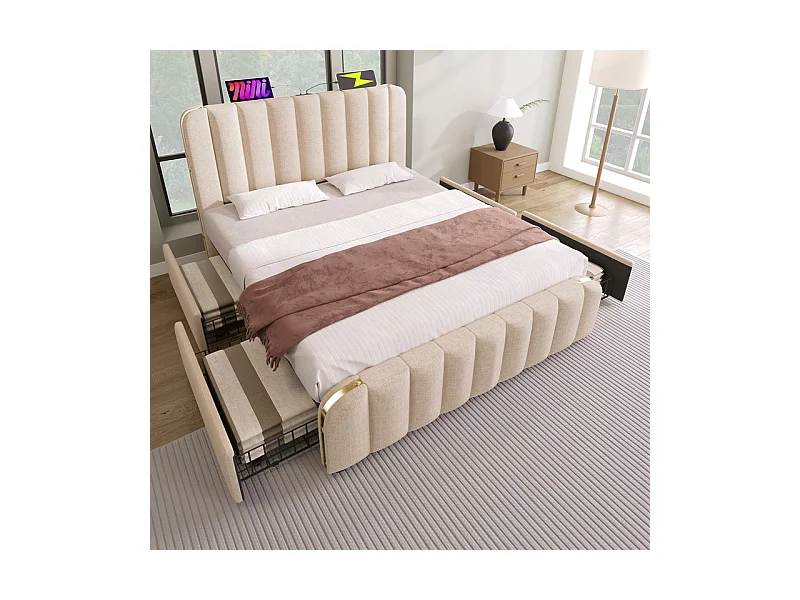 Lit double rembourré 160x200cm en lin beige, avec 4 tiroirs + USB et Type C, charge max 200 kg (sans matelas)