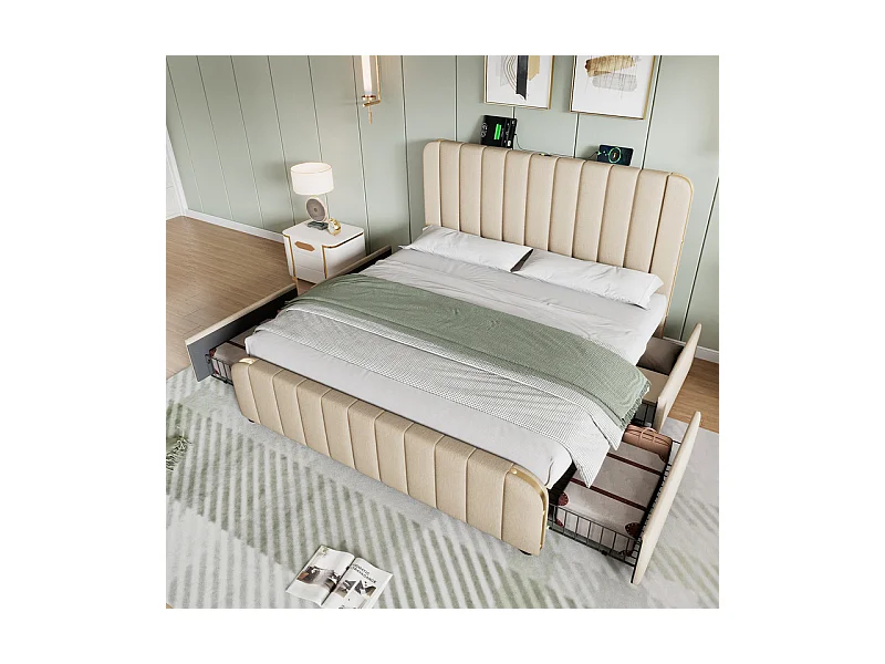 Lit double rembourré 160x200cm en lin beige, avec 4 tiroirs + USB et Type C, charge max 200 kg (sans matelas)