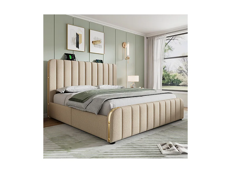 Lit double rembourré 160x200cm en lin beige, avec 4 tiroirs + USB et Type C, charge max 200 kg (sans matelas)