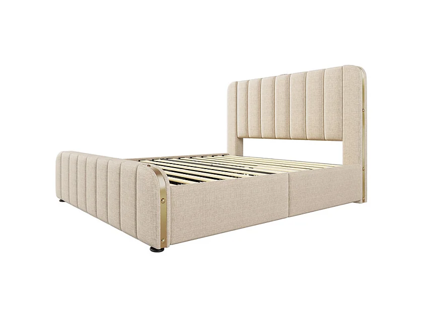 Lit double rembourré 160x200cm en lin beige, avec 4 tiroirs + USB et Type C, charge max 200 kg (sans matelas)