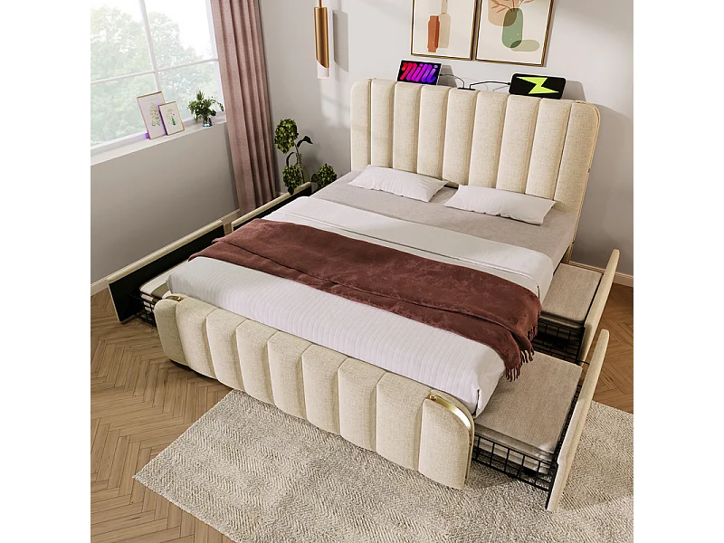 Lit double rembourré 160x200cm en lin beige, avec 4 tiroirs + USB et Type C, charge max 200 kg (sans matelas)