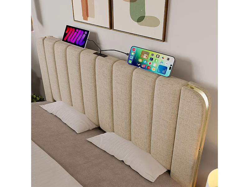 Lit double rembourré 160x200cm en lin beige, avec 4 tiroirs + USB et Type C, charge max 200 kg (sans matelas)