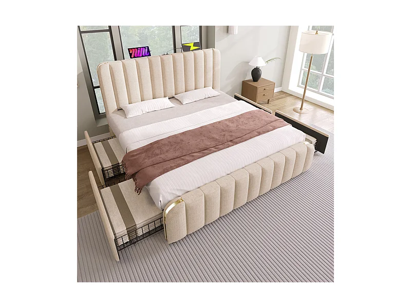 Lit double rembourré 180x200cm en lin beige, avec 4 tiroirs + USB et Type C, charge max 226 kg (sans matelas)