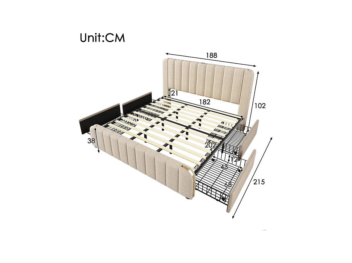 Lit double rembourré 180x200cm en lin beige, avec 4 tiroirs + USB et Type C, charge max 226 kg (sans matelas)