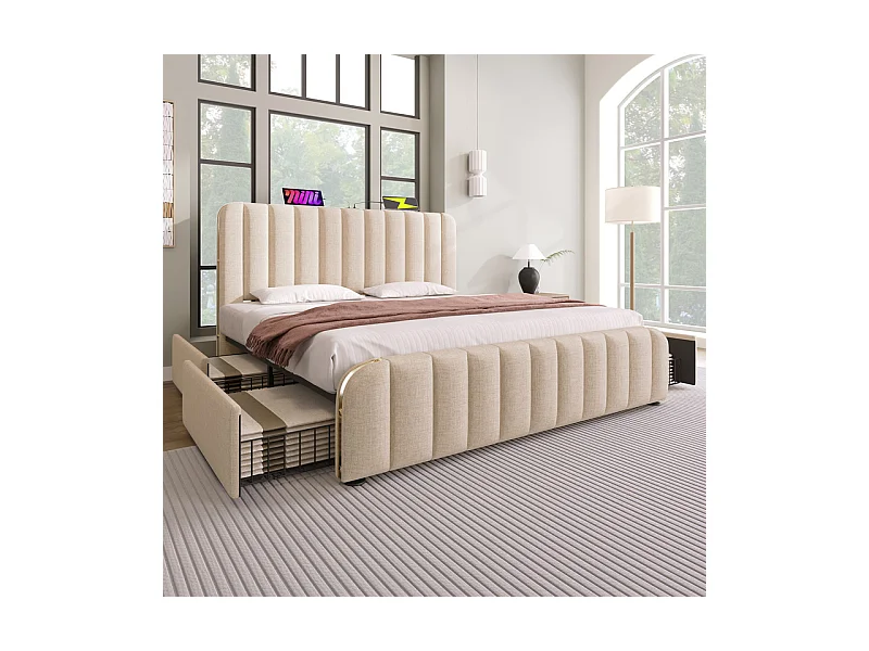Lit double rembourré 180x200cm en lin beige, avec 4 tiroirs + USB et Type C, charge max 226 kg (sans matelas)