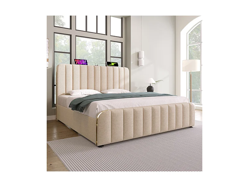 Lit double rembourré 180x200cm en lin beige, avec 4 tiroirs + USB et Type C, charge max 226 kg (sans matelas)