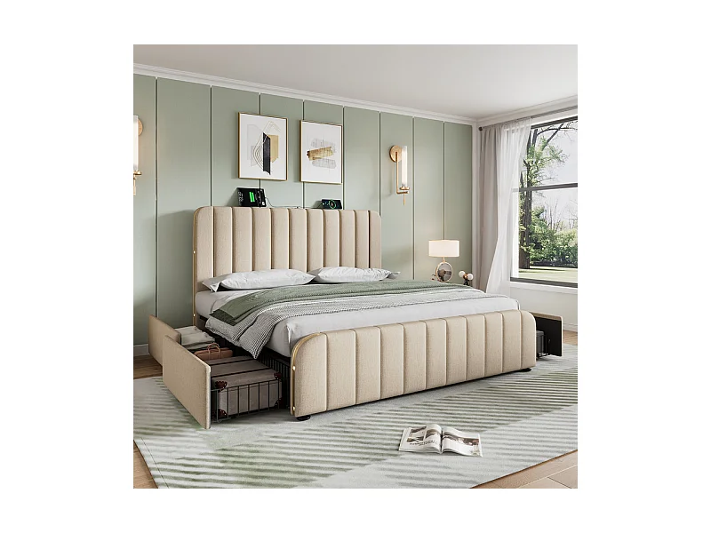 Lit double rembourré 180x200cm en lin beige, avec 4 tiroirs + USB et Type C, charge max 226 kg (sans matelas)