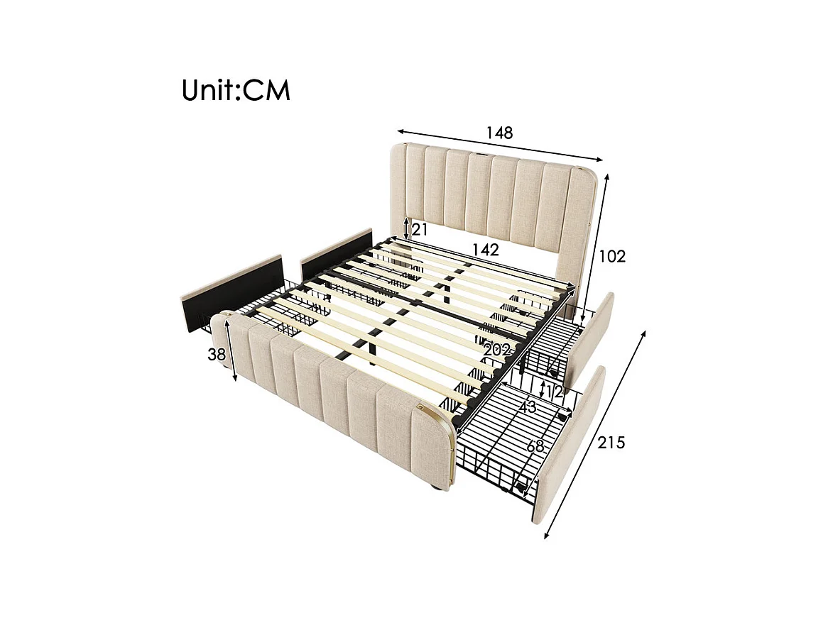 Lit double rembourré 140x200cm en lin beige, avec 4 tiroirs + USB et Type C, charge max 181 kg (sans matelas)