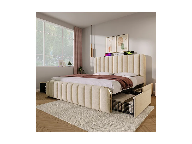 Lit double rembourré 140x200cm en lin beige, avec 4 tiroirs + USB et Type C, charge max 181 kg (sans matelas)