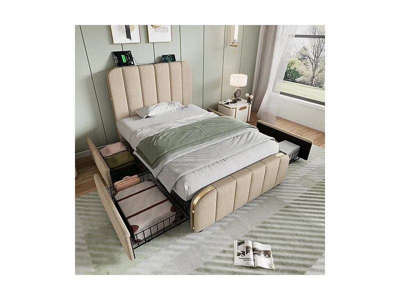 Lit double rembourré 90x200cm en lin beige, avec 4 tiroirs + USB et Type C, charge max 100 kg (sans matelas)