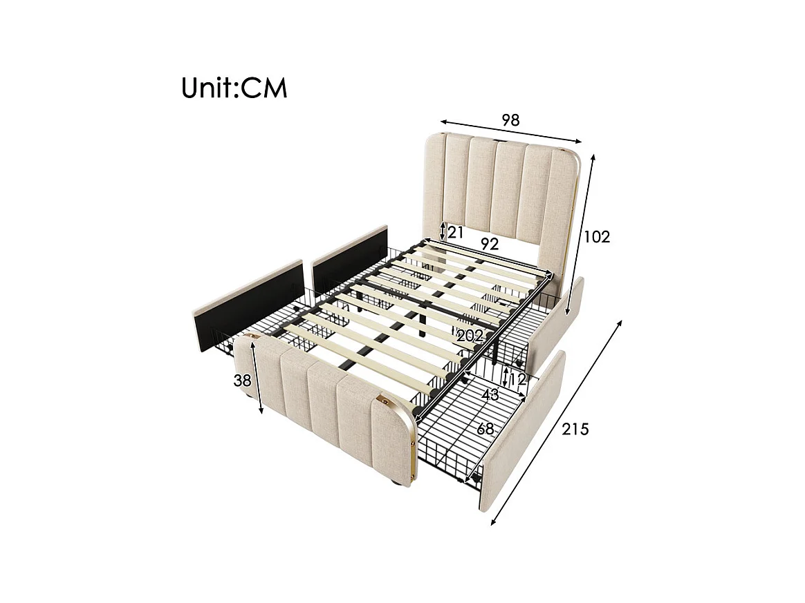 Lit double rembourré 90x200cm en lin beige, avec 4 tiroirs + USB et Type C, charge max 100 kg (sans matelas)