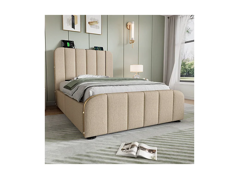Lit double rembourré 90x200cm en lin beige, avec 4 tiroirs + USB et Type C, charge max 100 kg (sans matelas)