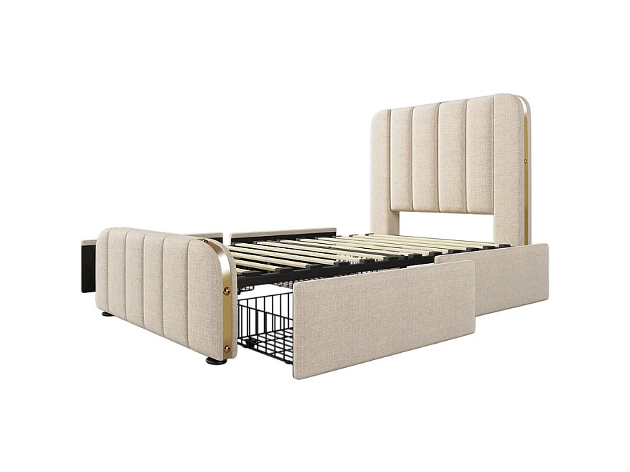 Lit double rembourré 90x200cm en lin beige, avec 4 tiroirs + USB et Type C, charge max 100 kg (sans matelas)