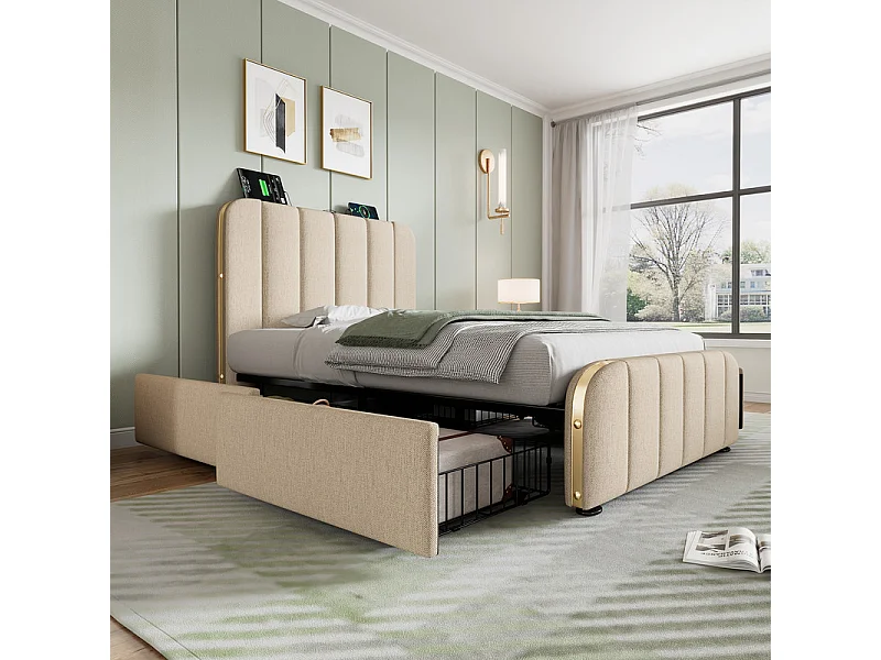 Lit double rembourré 90x200cm en lin beige, avec 4 tiroirs + USB et Type C, charge max 100 kg (sans matelas)