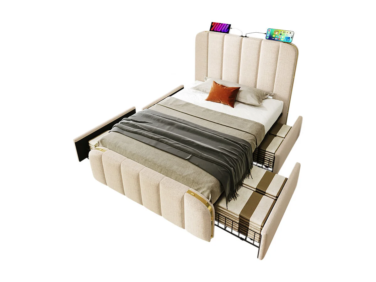 Lit double rembourré 90x200cm en lin beige, avec 4 tiroirs + USB et Type C, charge max 100 kg (sans matelas)