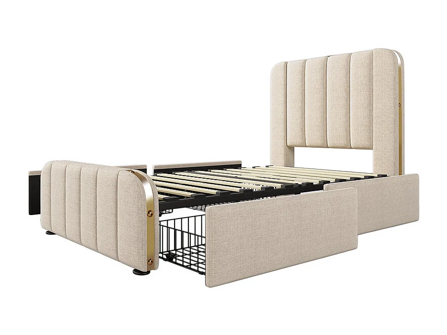 Doppelbett 90x200cm aus beigem Leinen, mit 4 Schubladen + USB und Typ C, max. Belastung 100 kg (ohne Matratze)