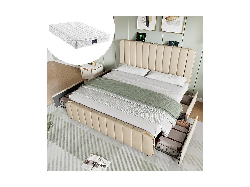 Lit double rembourré 160x200cm en lin beige, avec matelas, 4 tiroirs + USB et Type C, charge max 200 kg