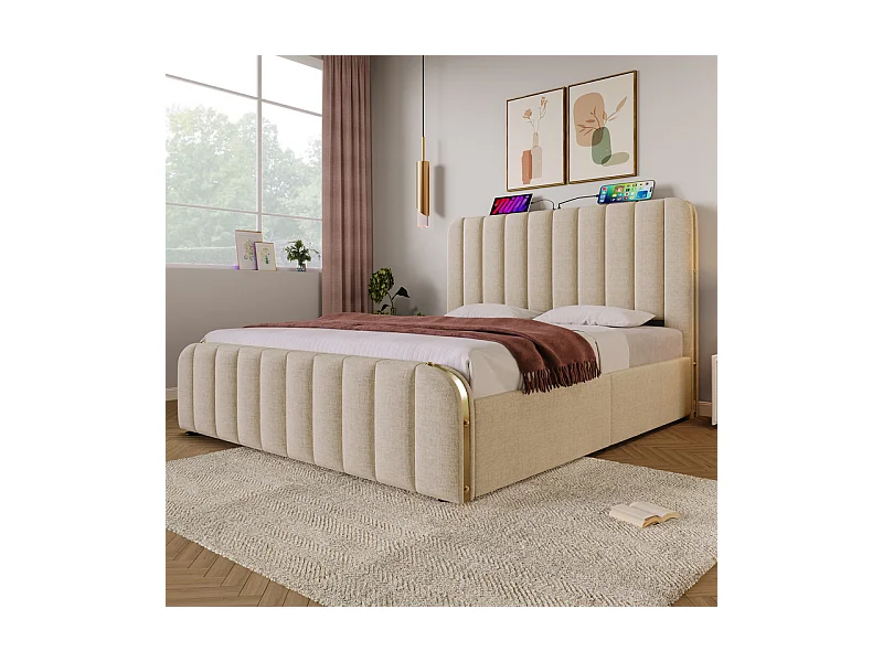 Lit double rembourré 160x200cm en lin beige, avec matelas, 4 tiroirs + USB et Type C, charge max 200 kg